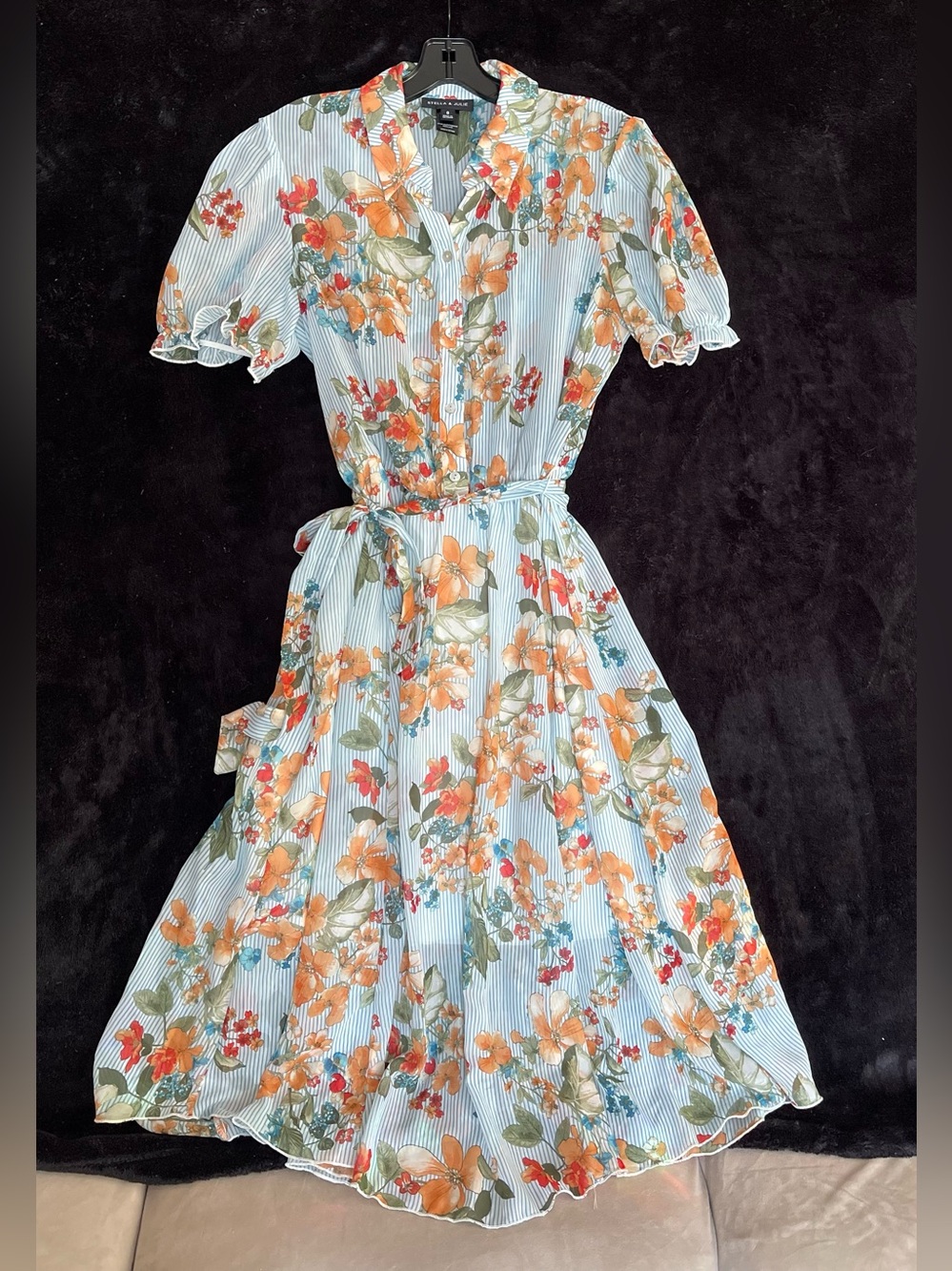 Stella &Julie Dress Floral With Pinstripes And Tie Waist (572)
